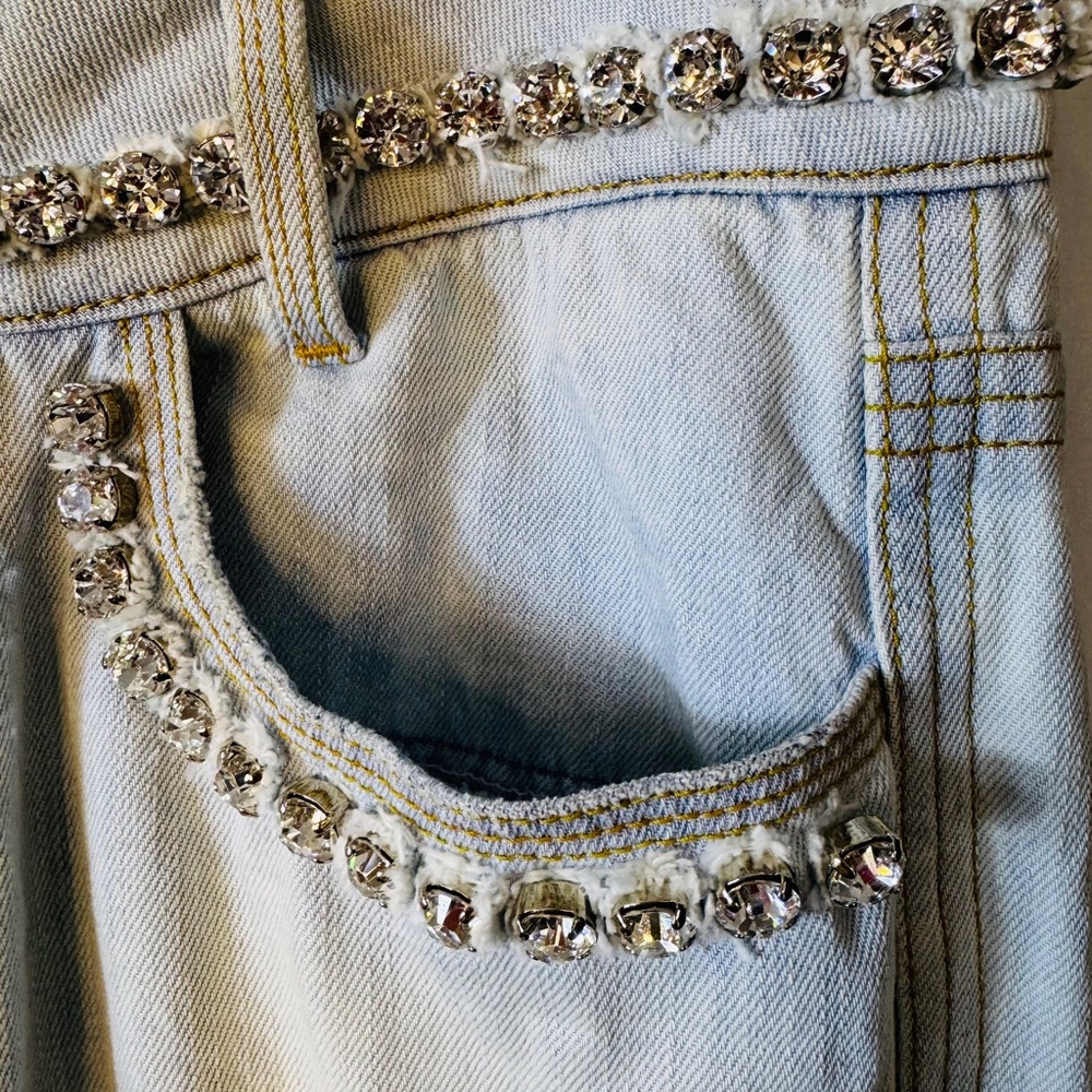 Y2K Blumarine Crystal Studded Acid Wash Distressed Jeans R-9” I-30” Size I44/D38 - Picture 4 of 16